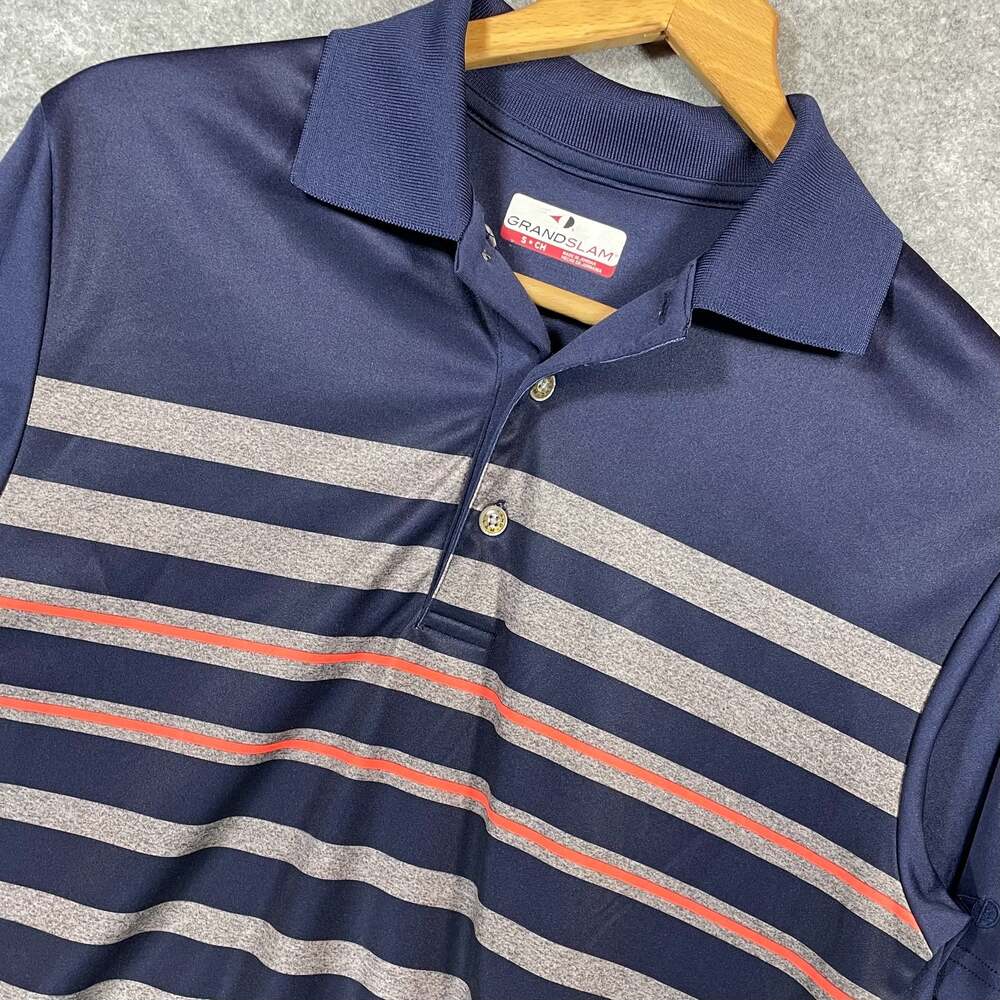 Grand Slam Men's Short Sleeve Performance Golf Polo Shirt Navy Blue Striped